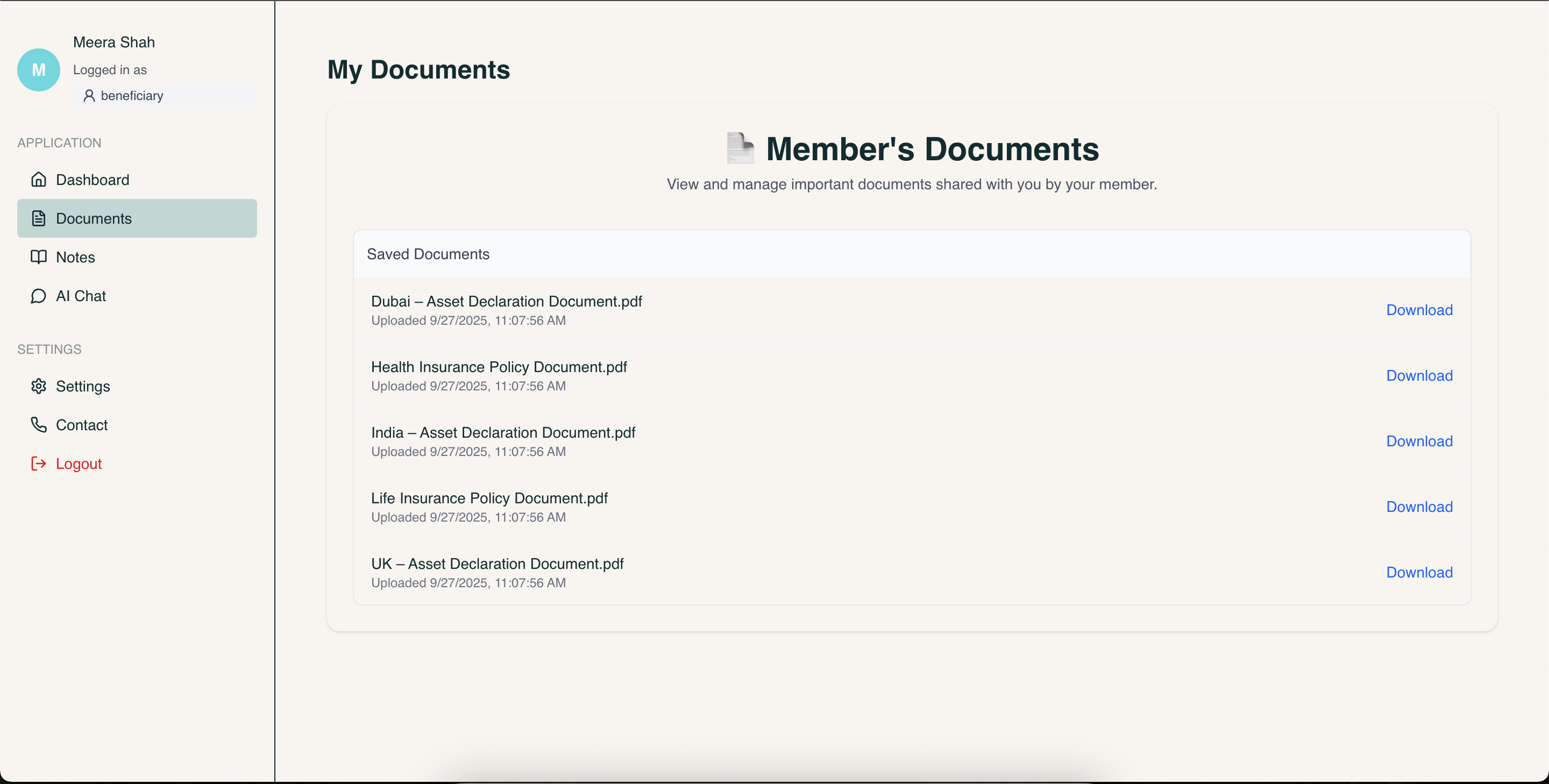 Vasiyat.ai Beneficiary Access - Members can share documents with beneficiaries